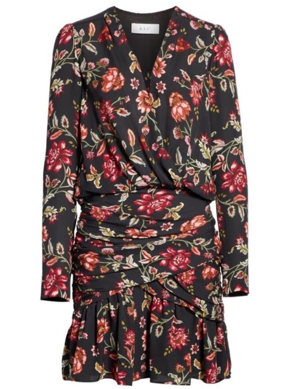 ALC Haven Floral Print Long Sleeve Mini Dress Black Silk Size 2 Ruched Ruffle